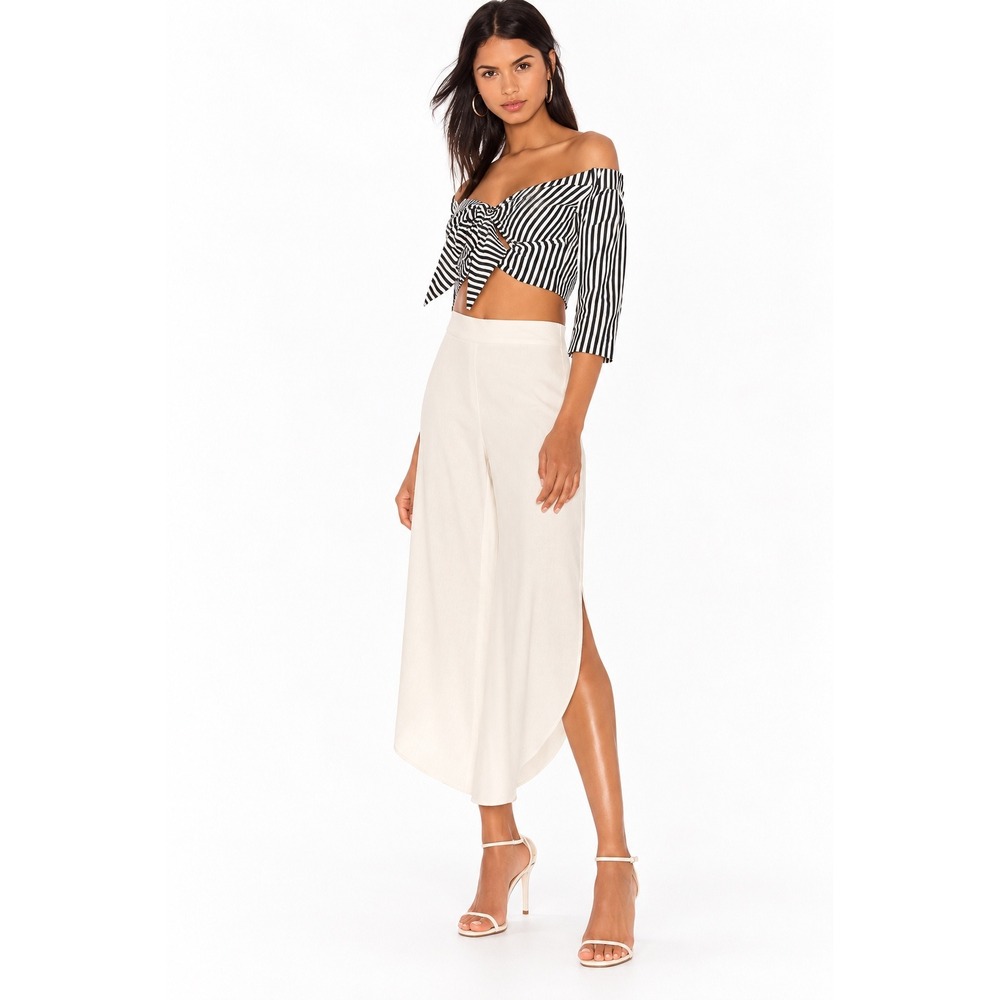 Alice + Olivia Ezra Petal Pants Women Off White Linen Blend Wide Leg Slit Size 4